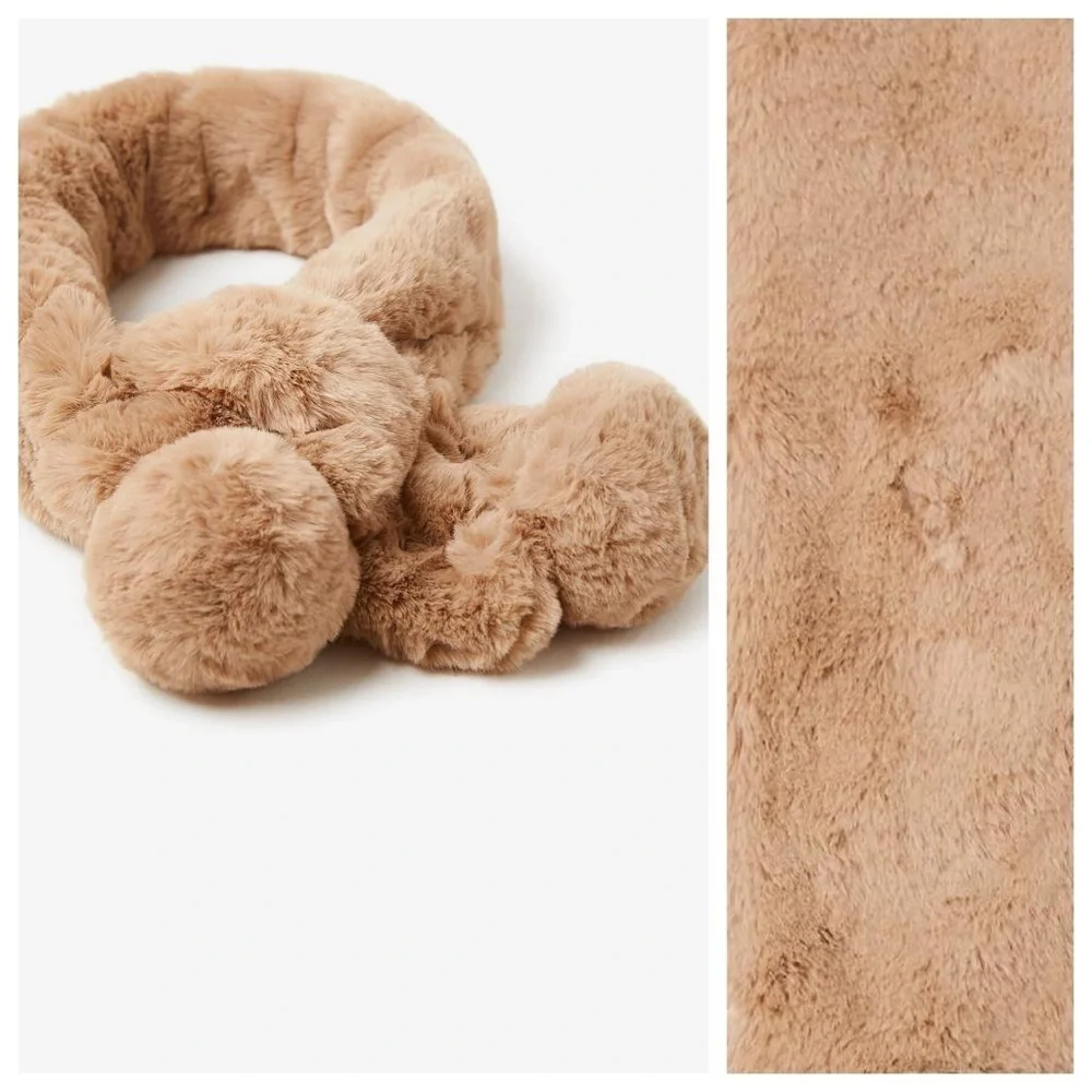 NWT. Zara Tan Faux fur scarf with pom-poms.